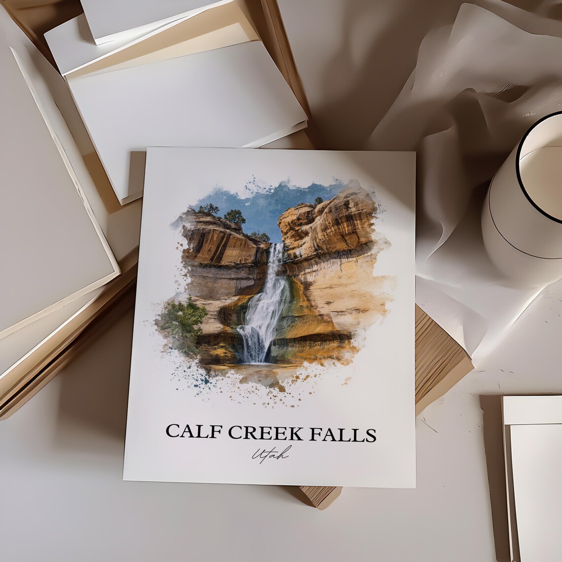 Calf Creek Falls Utah Sandstone Canyon Waterfall Watercolor Poster - Image 4