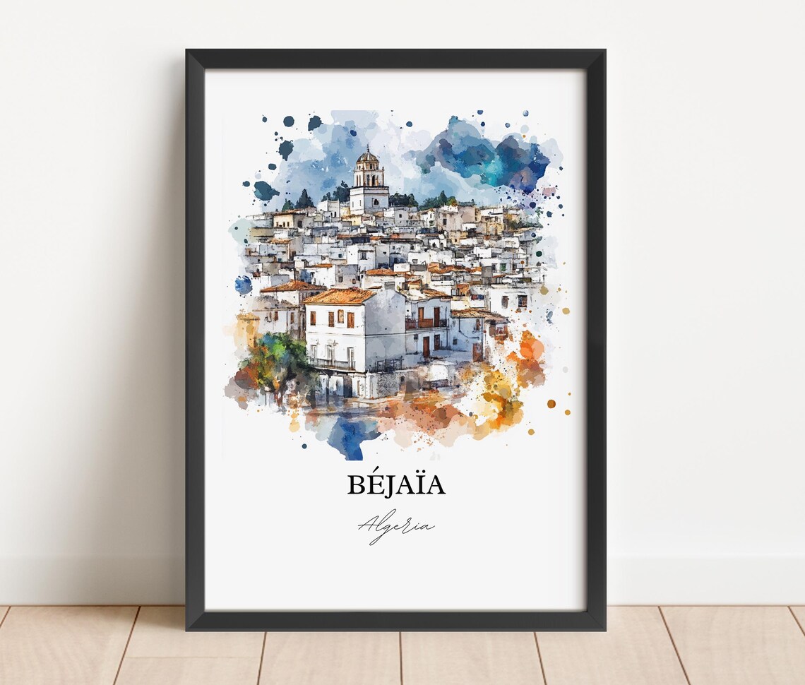 Bejaia Algeria White Hillside Mediterranean Town Watercolor Poster - Image 4