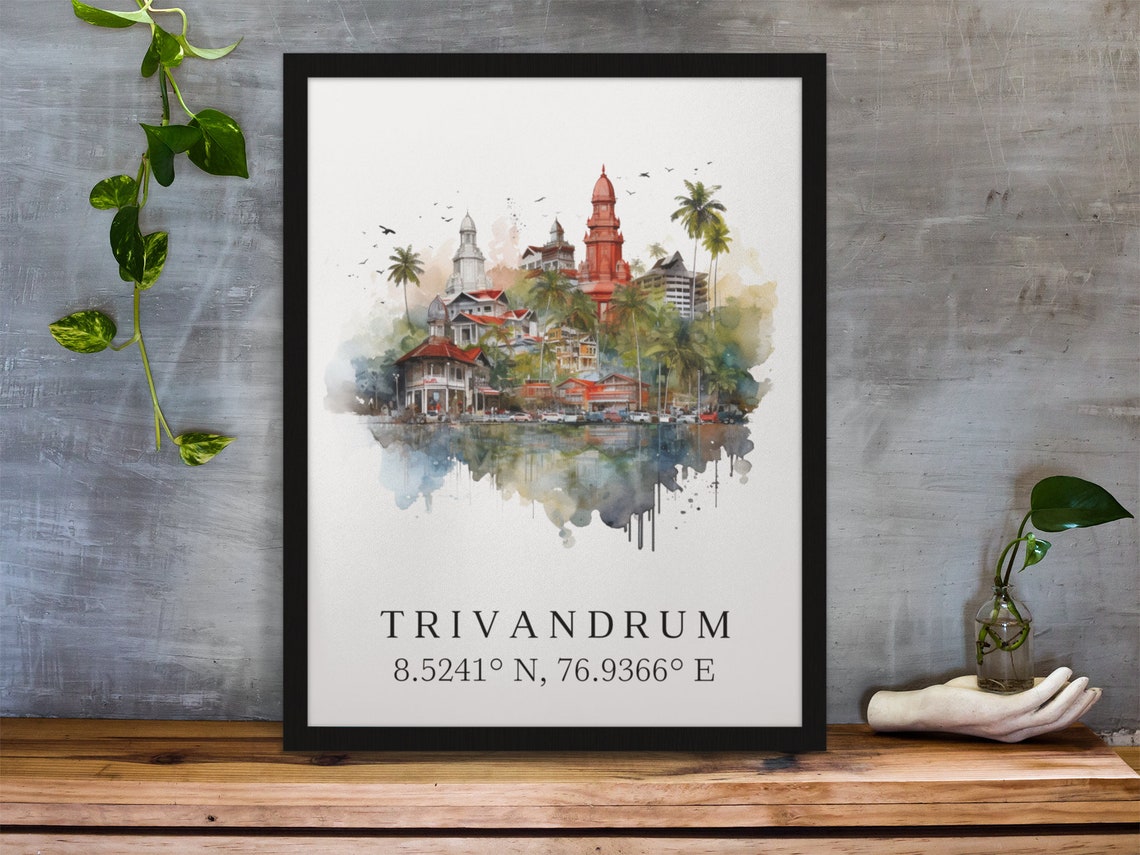 Trivandrum India Watercolor Red Dome Temples Coordinates Poster - Image 2