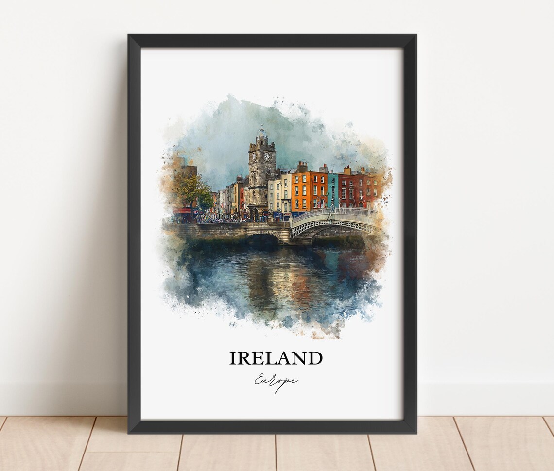 Ireland Dublin Clock Tower Riverside Watercolor Europe Travel Poster - Image 4