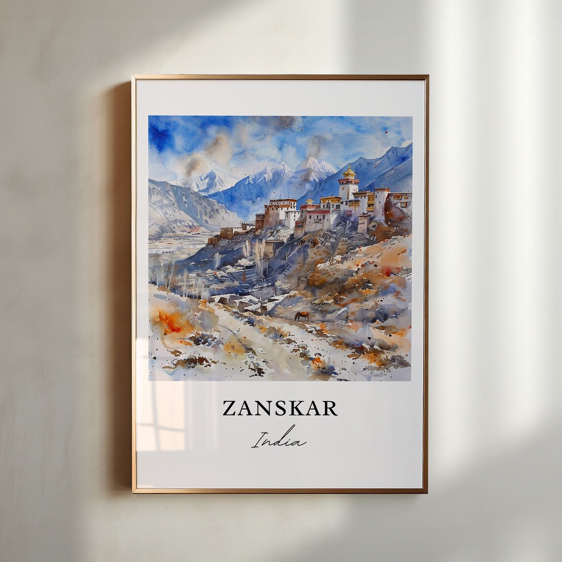 Zanskar India Himalayan Monastery Peaks Watercolor Travel Poster