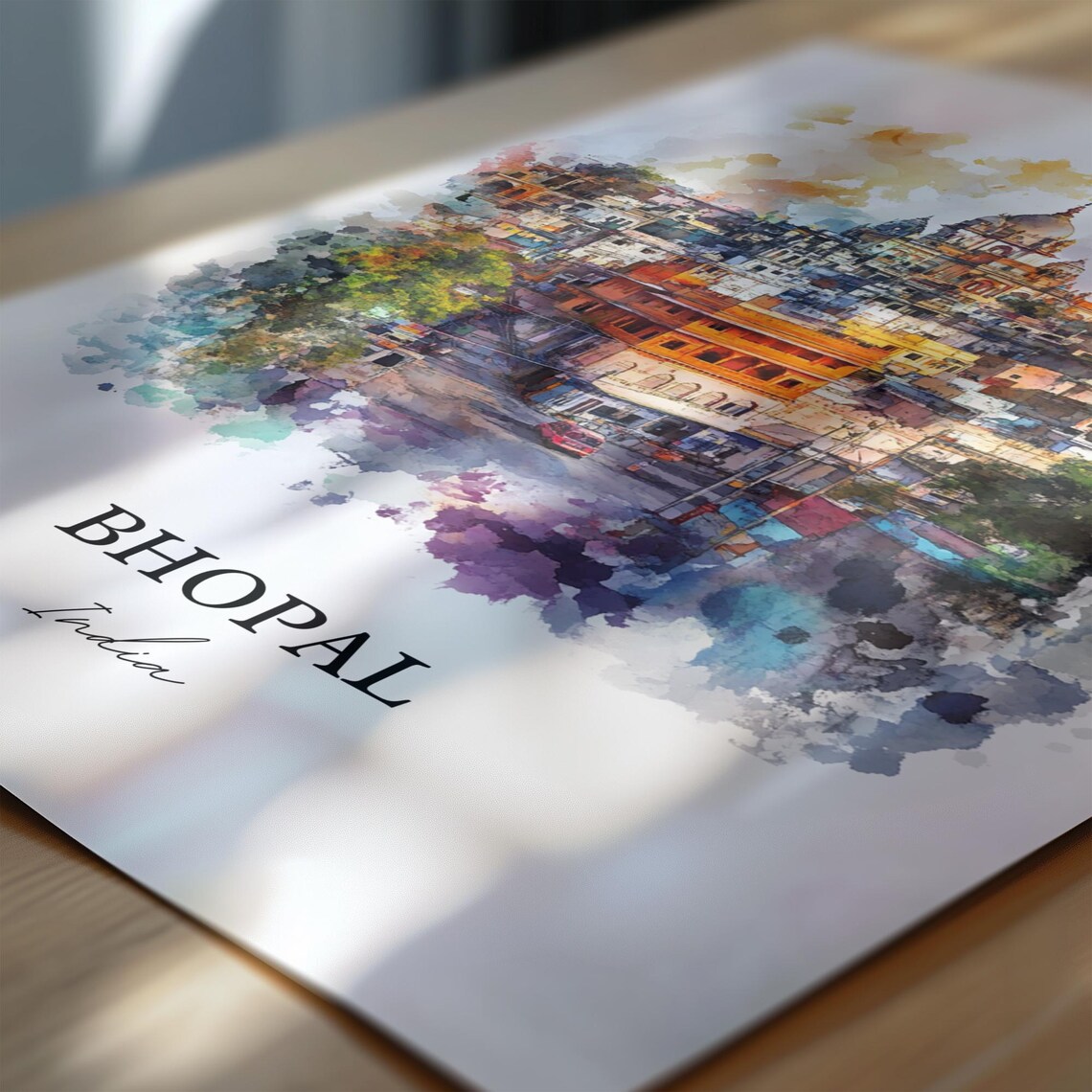 Bhopal India Watercolor Old City Temple Skyline Travel Poster - Image 7