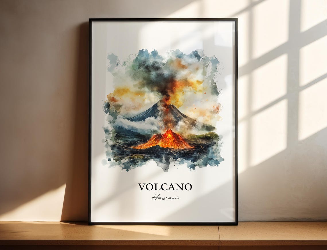 Volcano Hawaii Erupting Lava Watercolor Travel Art Gift Poster