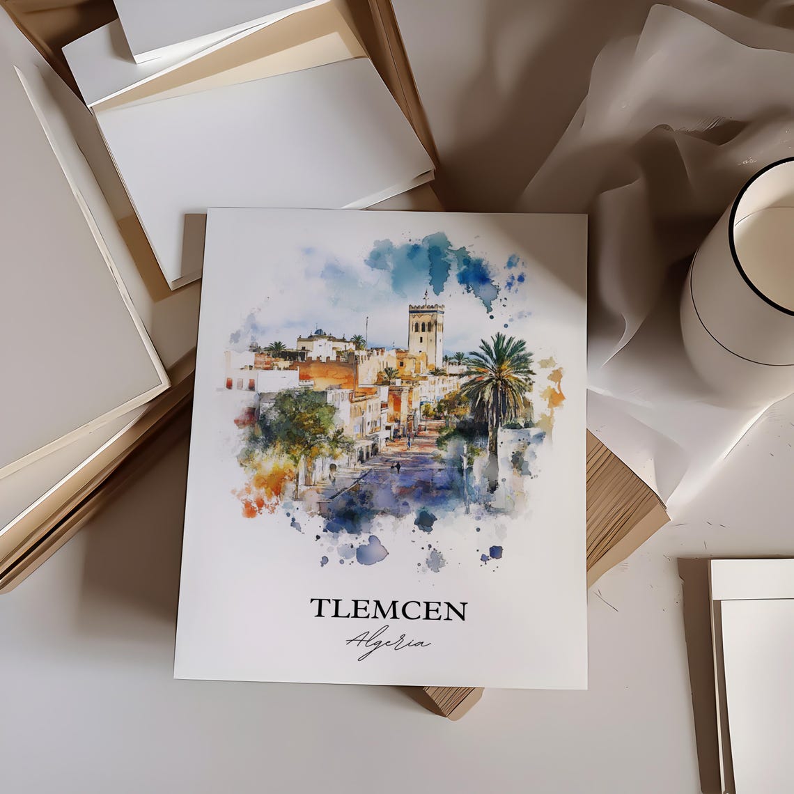 Tlemcen Algeria African Watercolor Old Town Tower Art Poster - Image 3