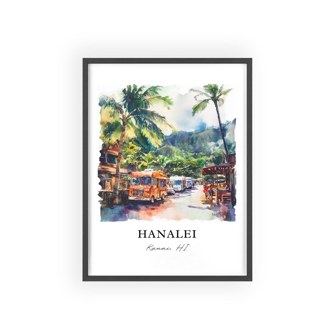 Hanalei Kauai Hawaii Palm Trees Street Watercolor Travel Poster - Image 2
