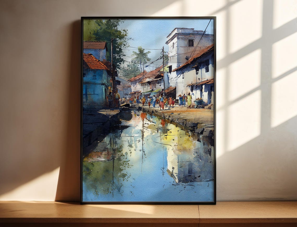 Historic Canal Street Watercolor Busy Lane Reflections Old Town Print