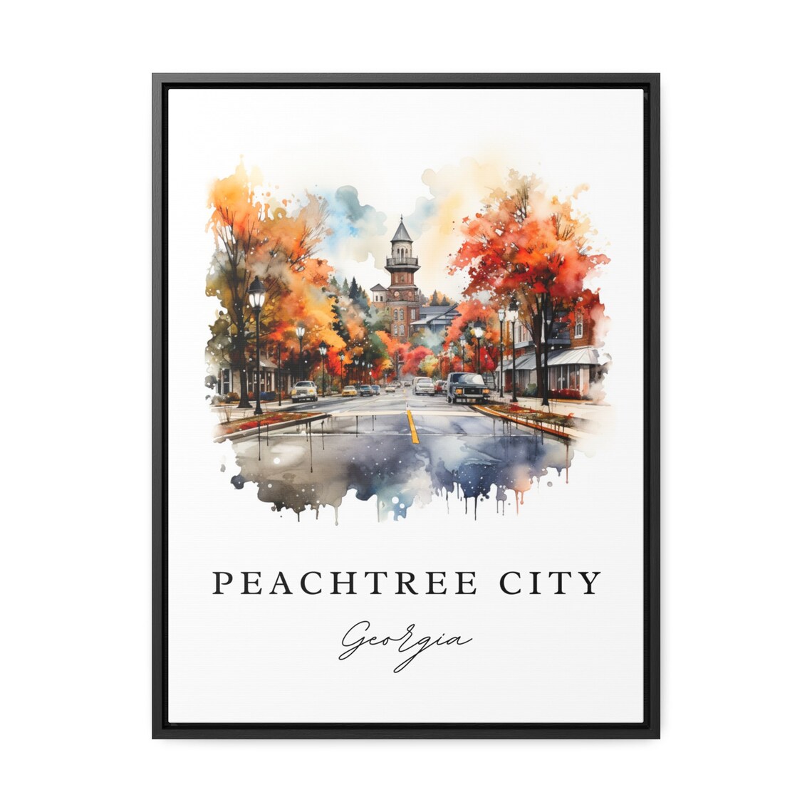 Peachtree City Georgia Watercolor Autumn Street Clock Tower Poster - Image 3