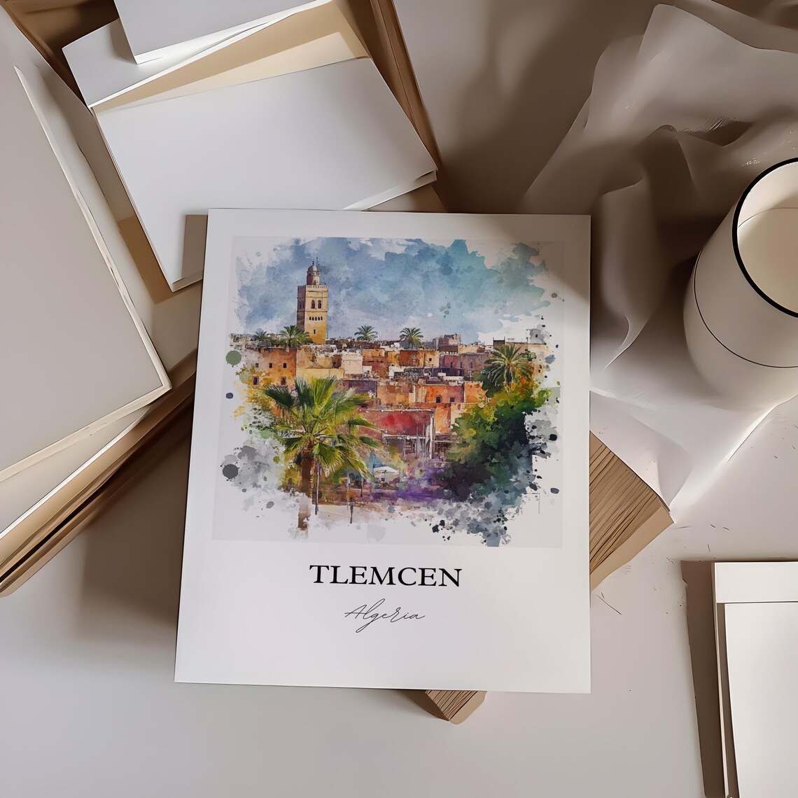 Tlemcen Algeria Moorish Old Town Minaret Watercolor Travel Poster - Image 3