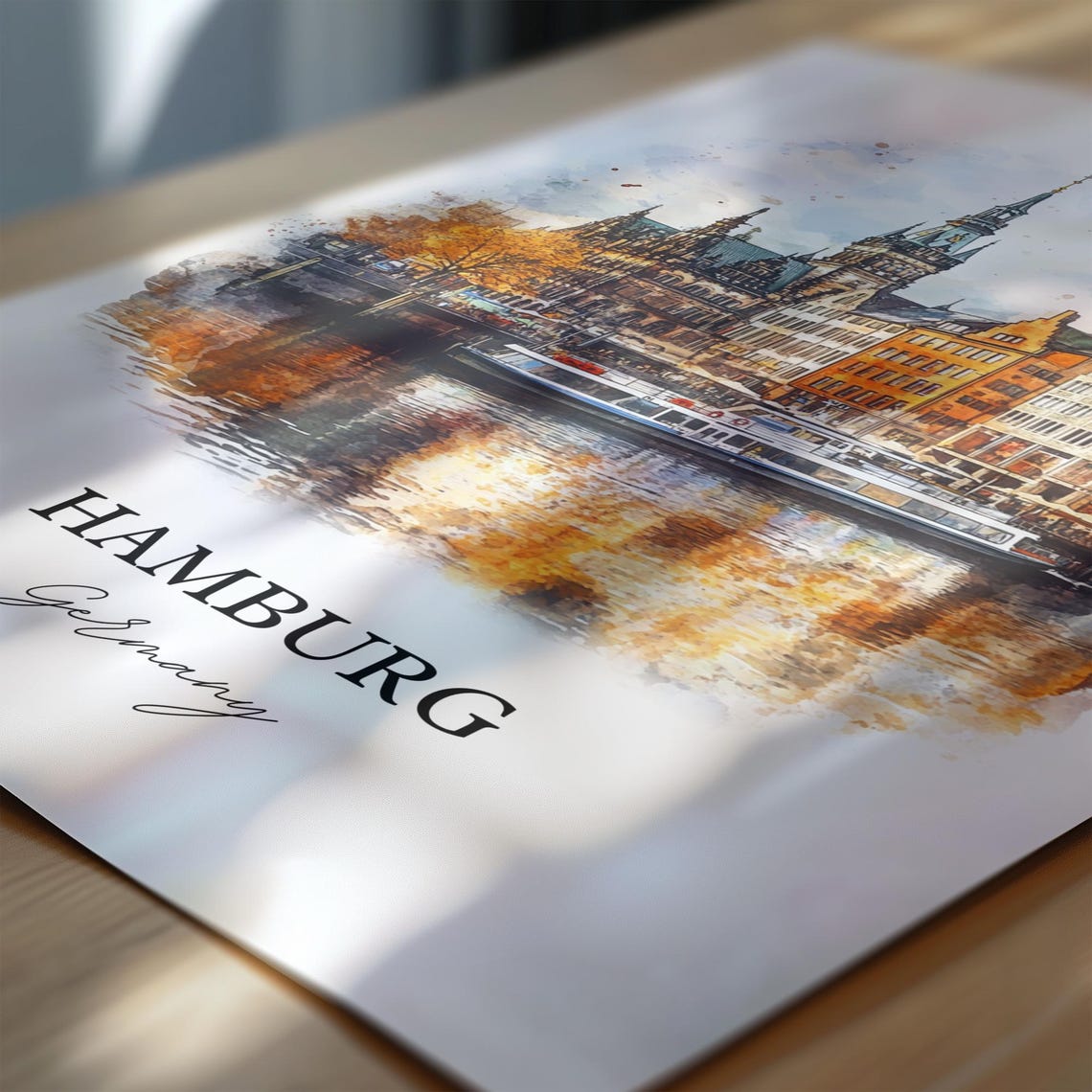 Hamburg Germany Watercolor City Hall Waterfront Boat Reflection Poster - Image 6