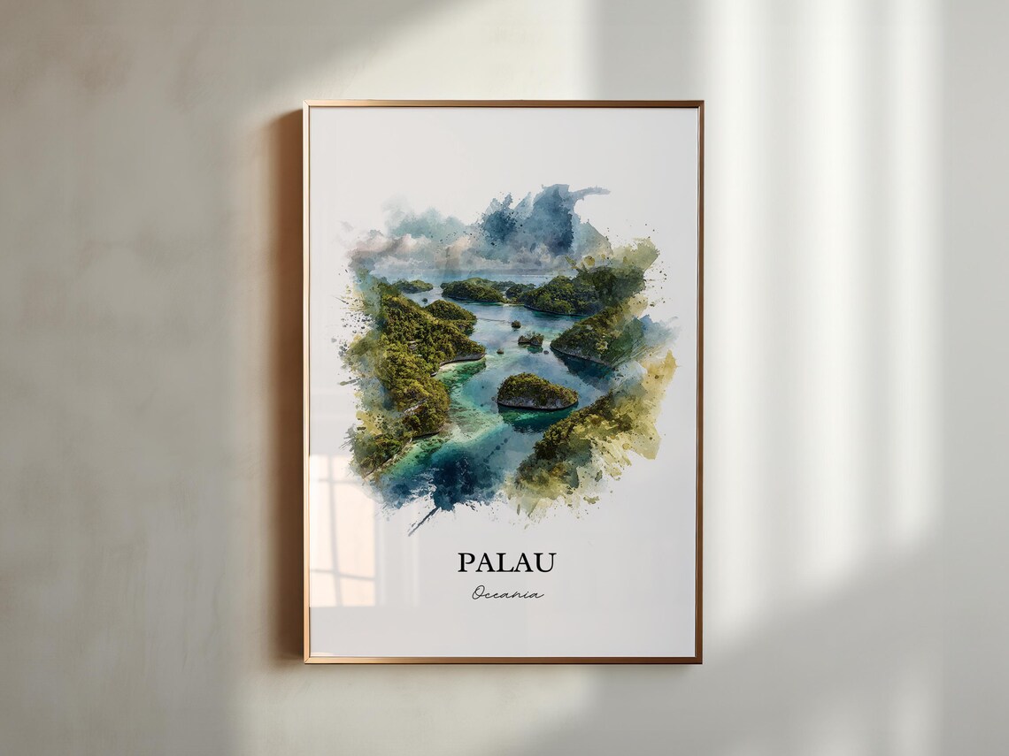 Palau Oceania Rock Islands Lagoon Aerial Watercolor Art Poster - Image 2