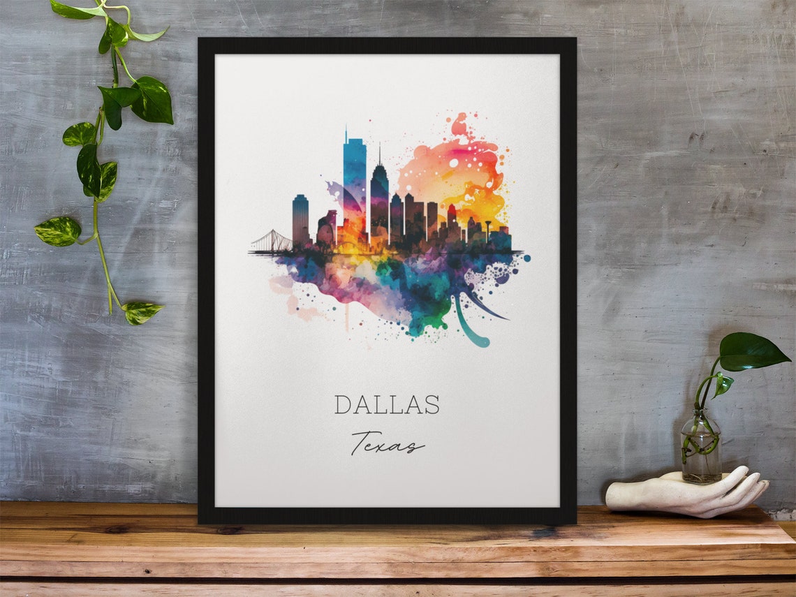 Dallas Texas Skyline Rainbow Watercolor Modern City Art Poster