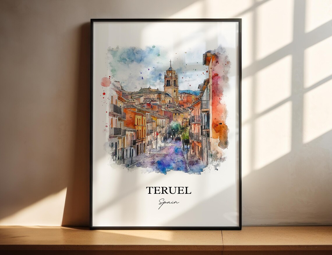 Teruel Spain Watercolor Old Town Street Bell Tower Art Poster