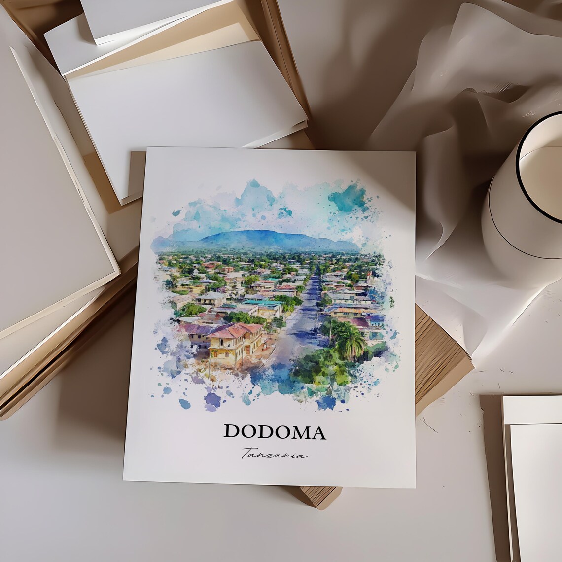 Dodoma Tanzania Watercolor Cityscape Mountain View Art Poster - Image 4