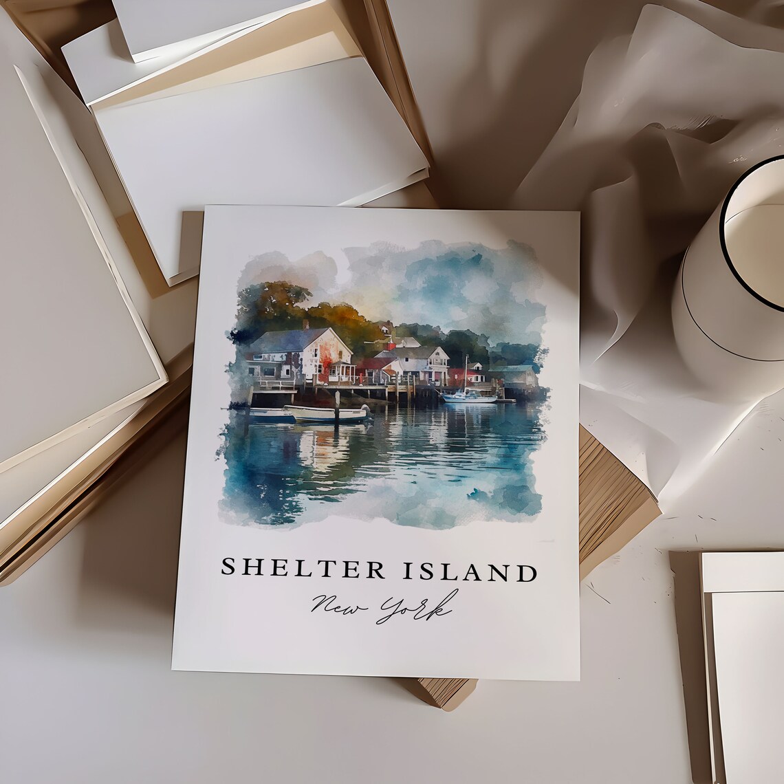 Shelter Island New York Watercolor Harbor Boats Waterfront Poster - Image 6