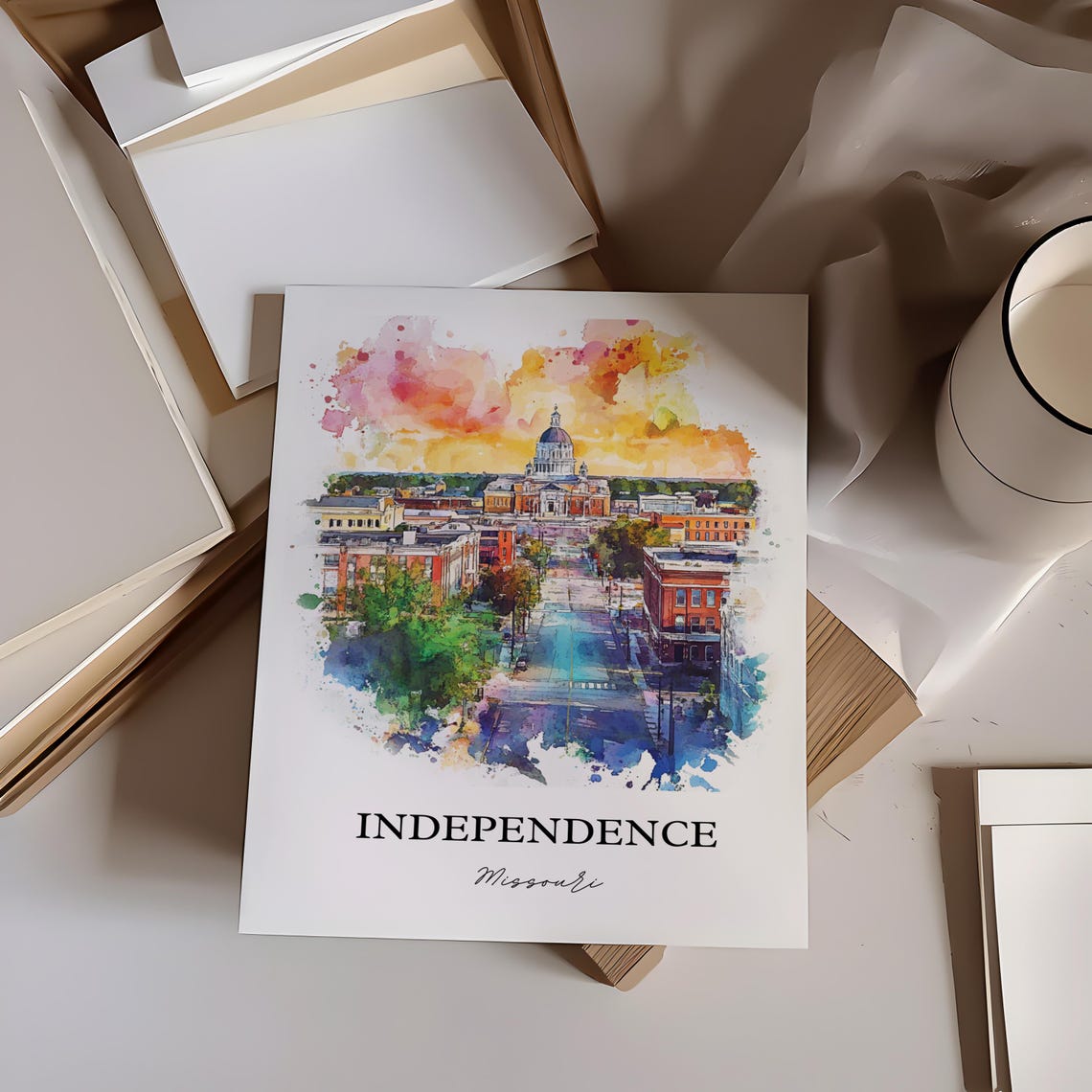 Independence Missouri Historic Dome Cityscape Watercolor Poster - Image 4