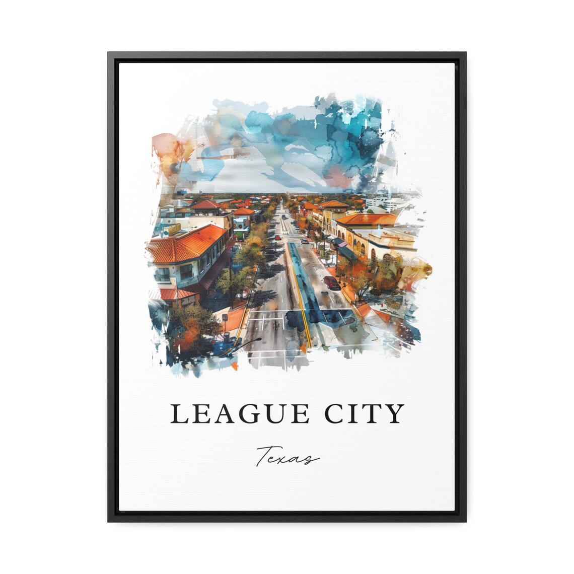 League City Texas Watercolor Aerial Main Street View Scene Poster - Image 2