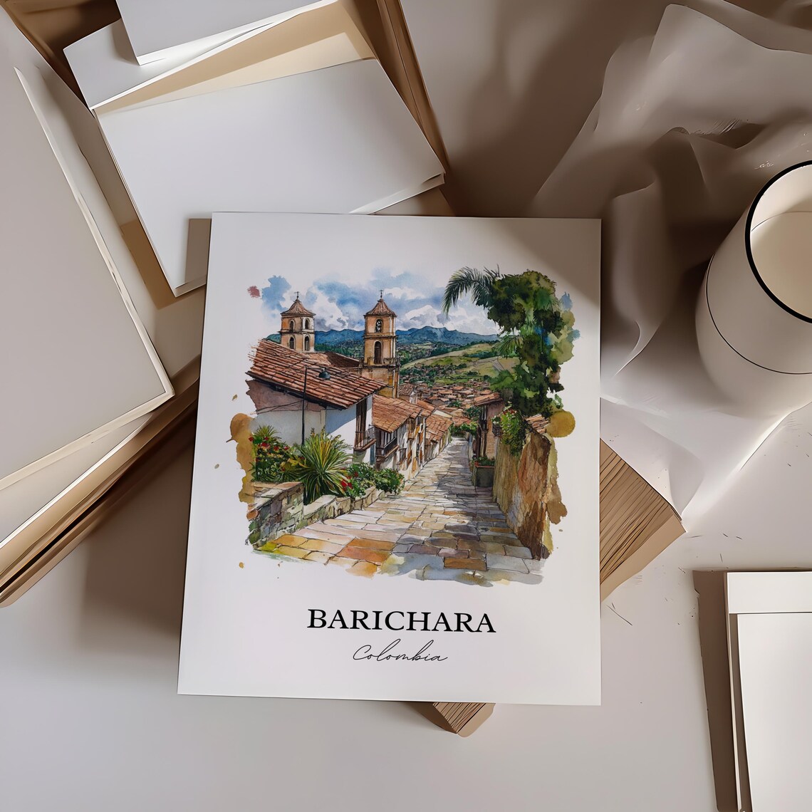 Barichara Colombia Cobblestone Street Watercolor Travel Poster - Image 3