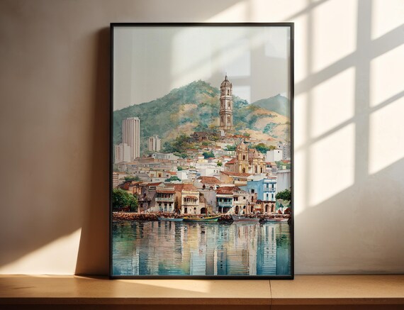 Santa Marta Colombia Watercolor Harbor Church Old Town Travel Poster