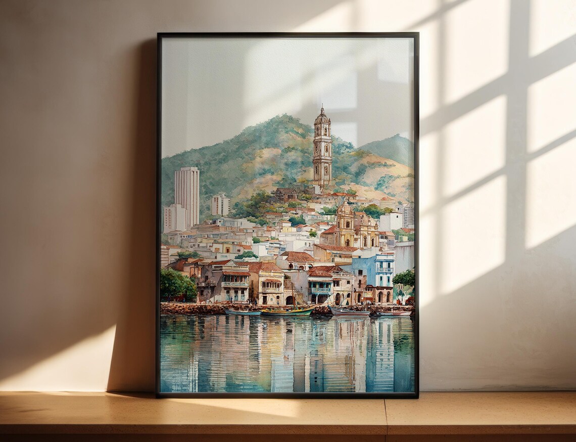 Santa Marta Colombia Watercolor Harbor Church Old Town Travel Poster