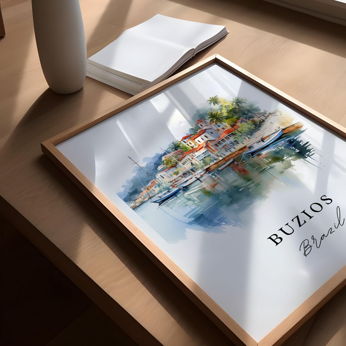 Buzios Brazil Watercolor Harbor Boats Beach Town Travel Art Poster - Image 4