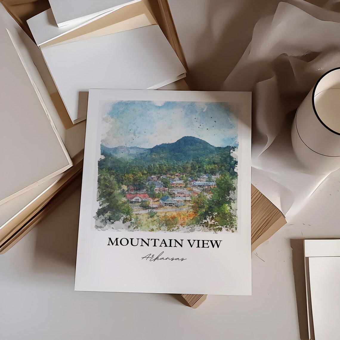Mountain View Arkansas Ozark Valley Town Watercolor Travel Poster - Image 2
