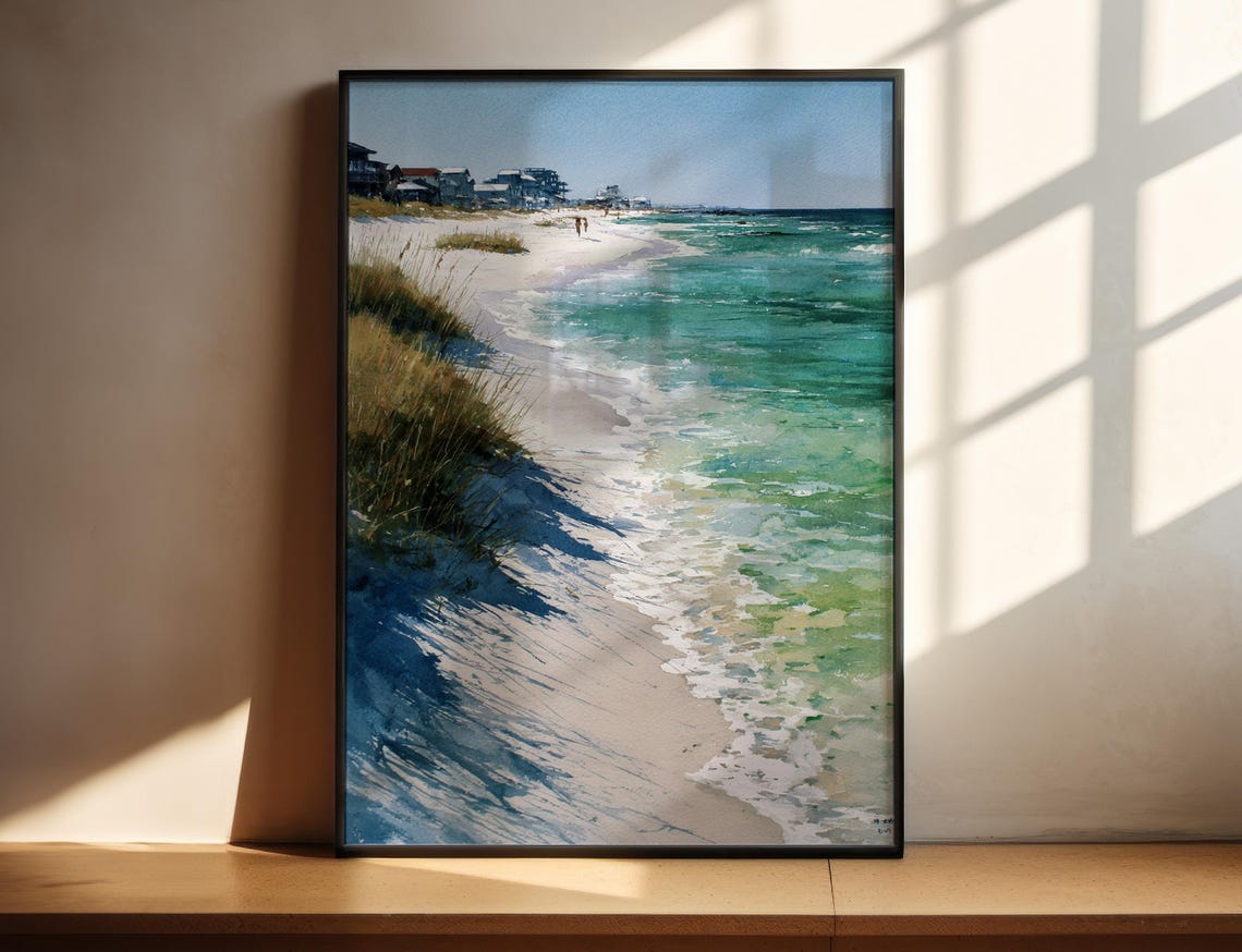 Destin Florida White Sand Beach Watercolor Poster Emerald Coast Waves