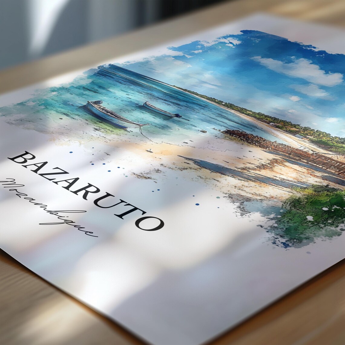 Bazaruto Mozambique Watercolor Beach Boats Island Travel Poster - Image 7