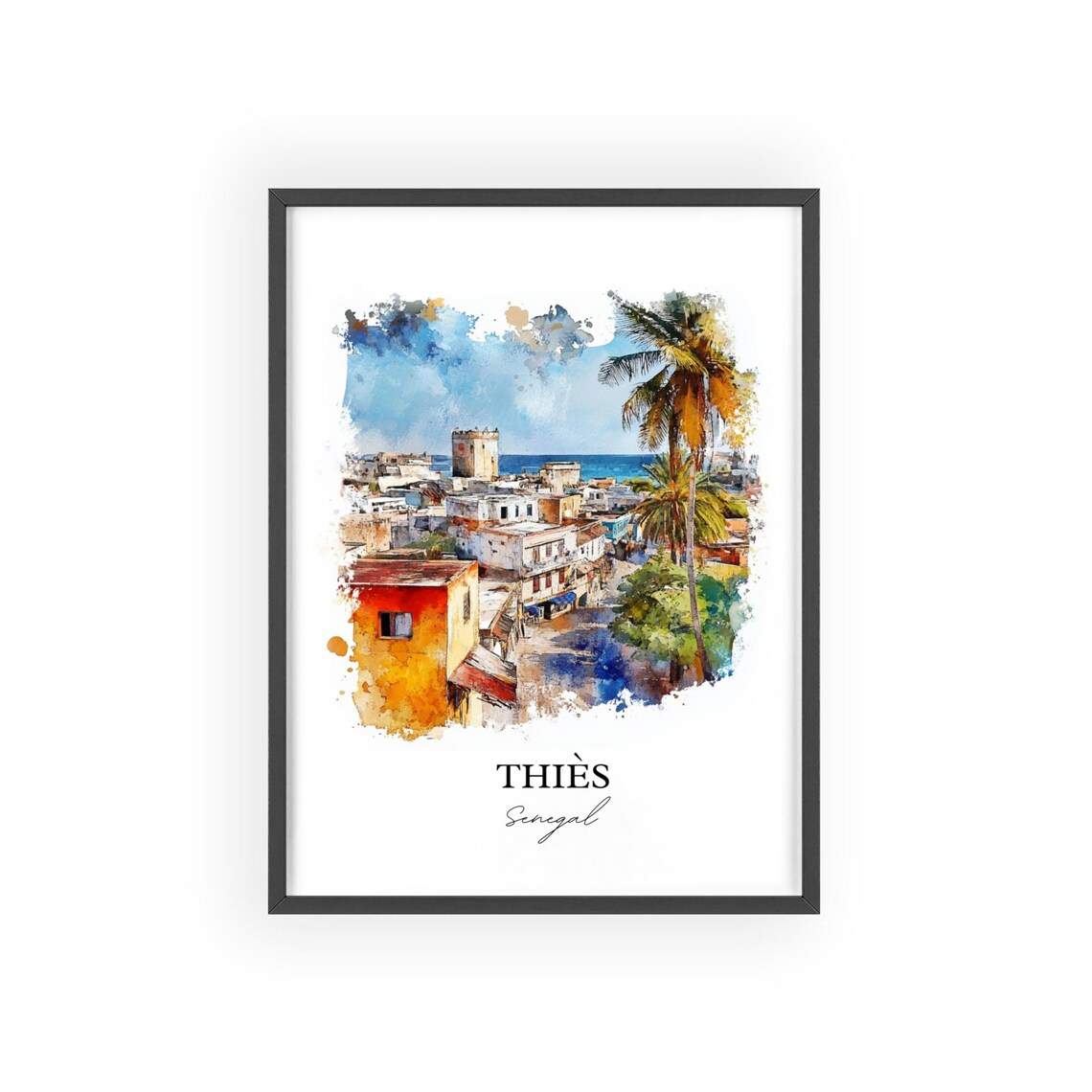 Thies Senegal African Watercolor Coastal City Palm Art Poster - Image 2