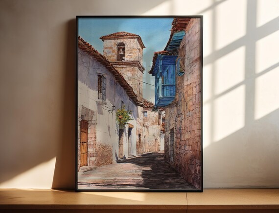 Trujillo Peru Colonial Street Watercolor Poster with Blue Balcony