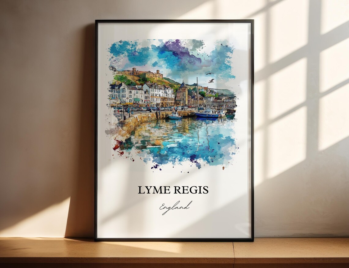 Lyme Regis England Harbor Watercolor Coastal Travel Poster Artwork