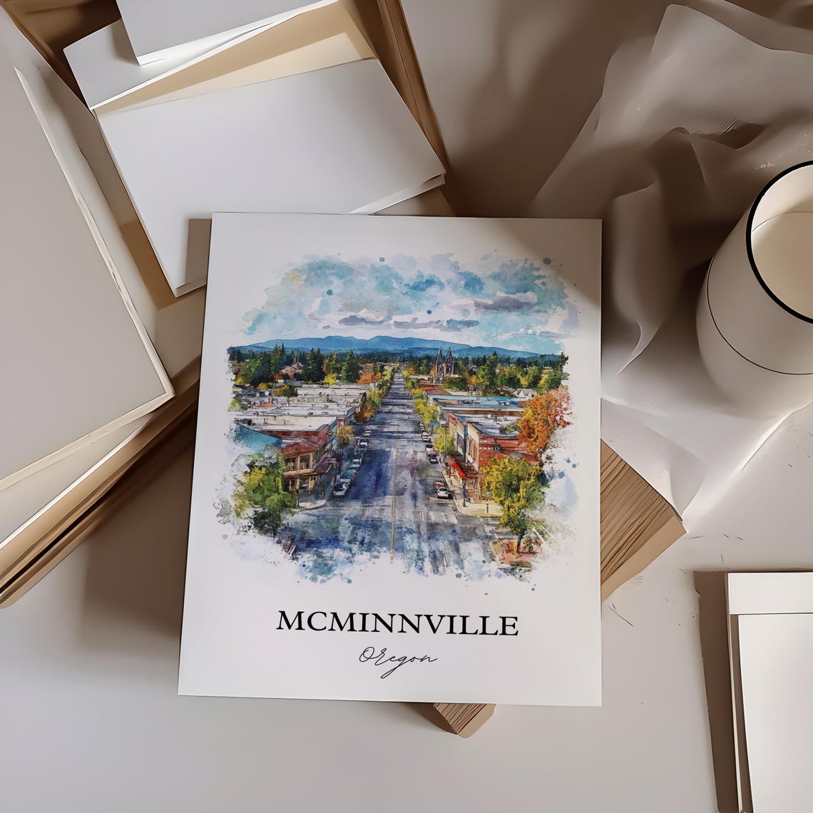 McMinnville Oregon Downtown Aerial Watercolor Travel Gift Poster - Image 4