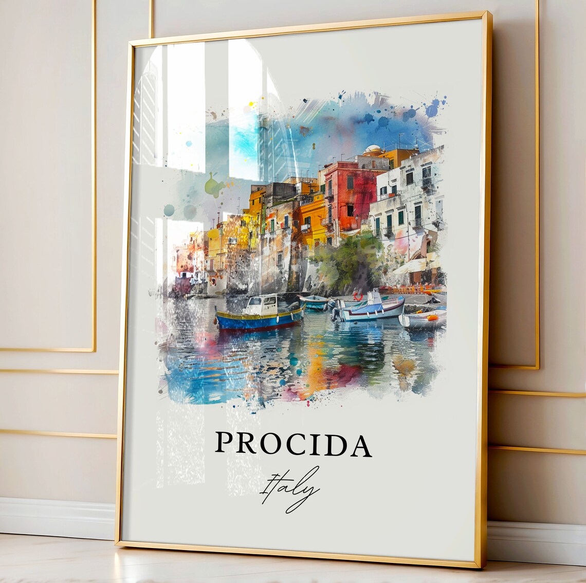 Procida Italy Colorful Harbor Boats Coast Watercolor Travel Poster - Image 4