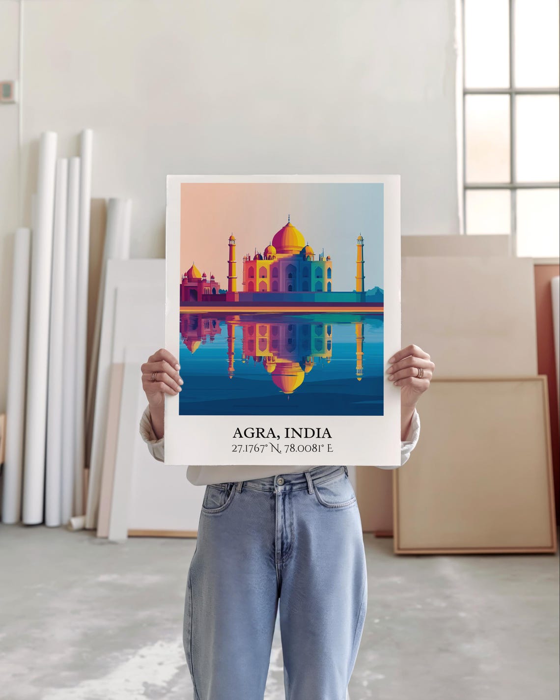 Agra India Taj Mahal Reflection Retro Travel Coordinates Art Poster - Image 4