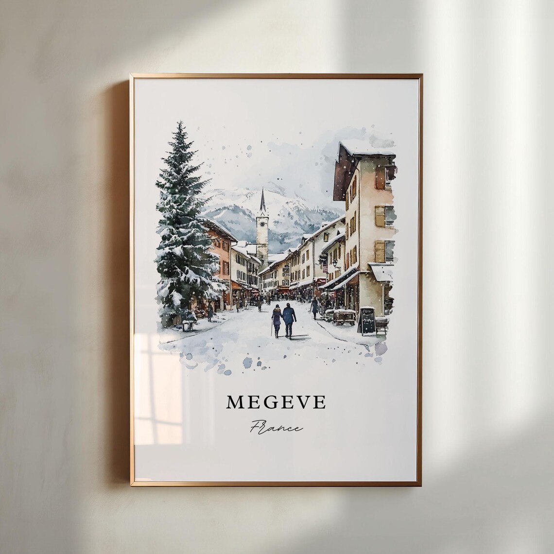 Megeve French Alps Winter Snow Village Watercolor Travel Poster