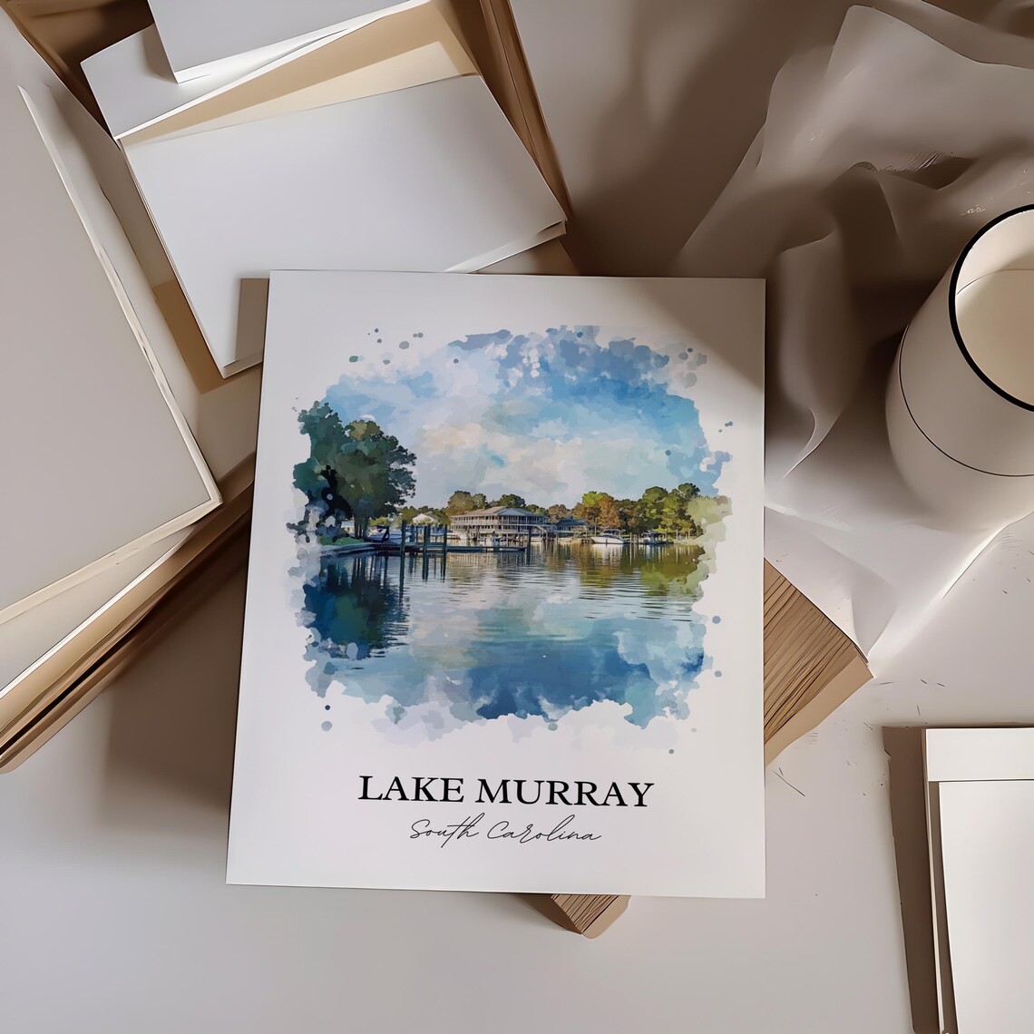 Lake Murray South Carolina Tranquil Glassy Water Shore Homes Poster - Image 3