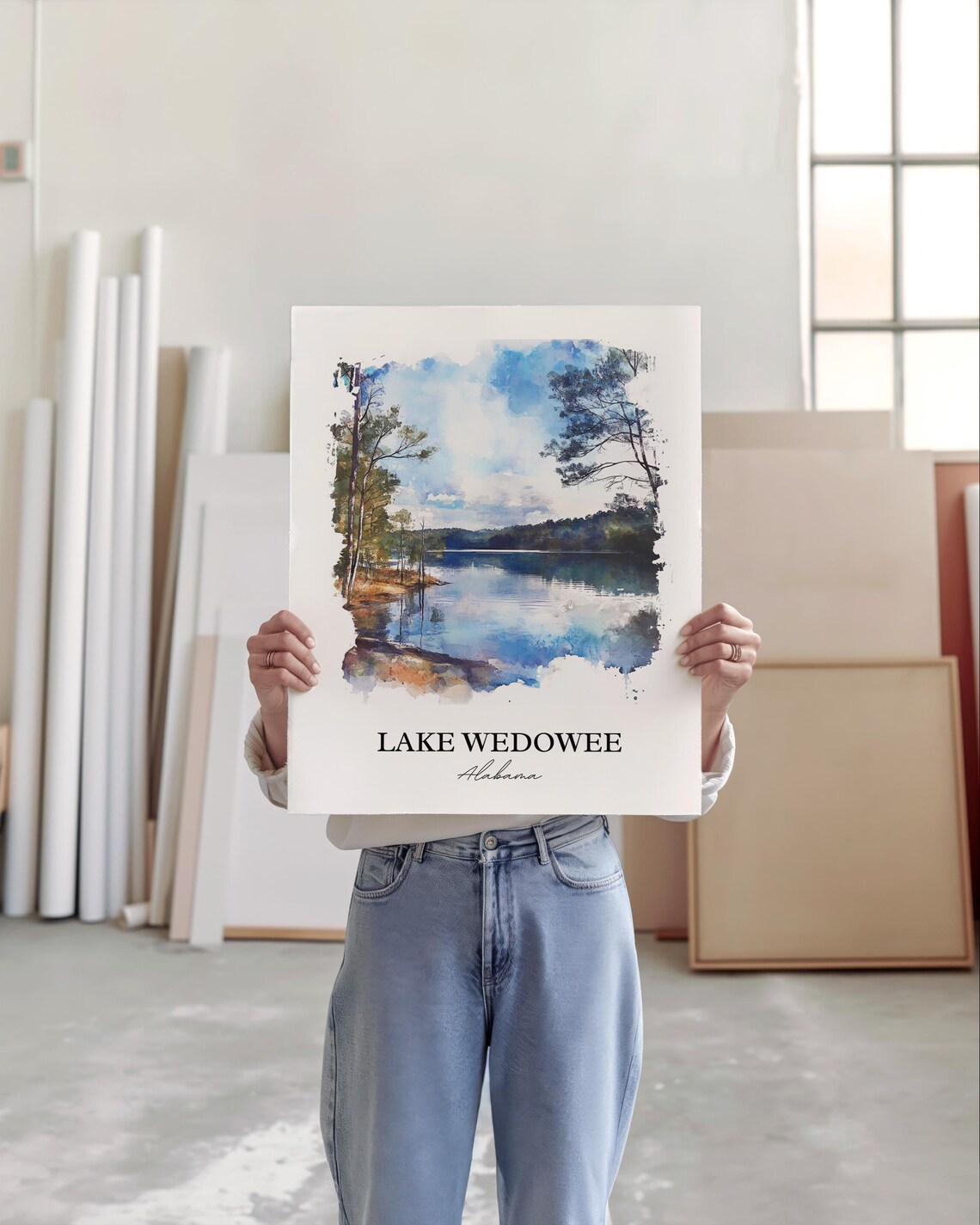 Lake Wedowee Alabama Still Water Pine Shore Sky Reflection Poster - Image 3