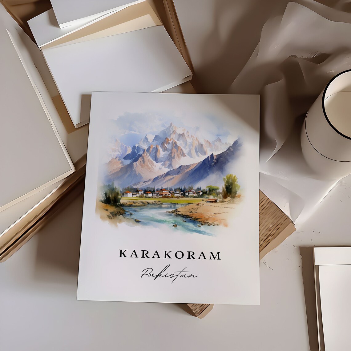 Karakoram Pakistan Watercolor Snow Capped Mountain Peaks Poster - Image 6
