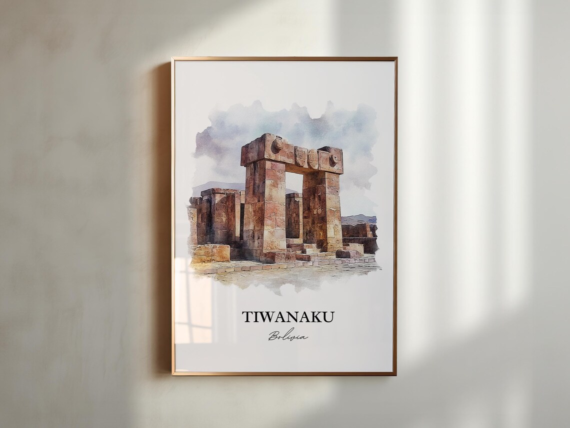 Tiwanaku Bolivia Ancient Ruins Gate of the Sun Watercolor Art Poster - Image 4