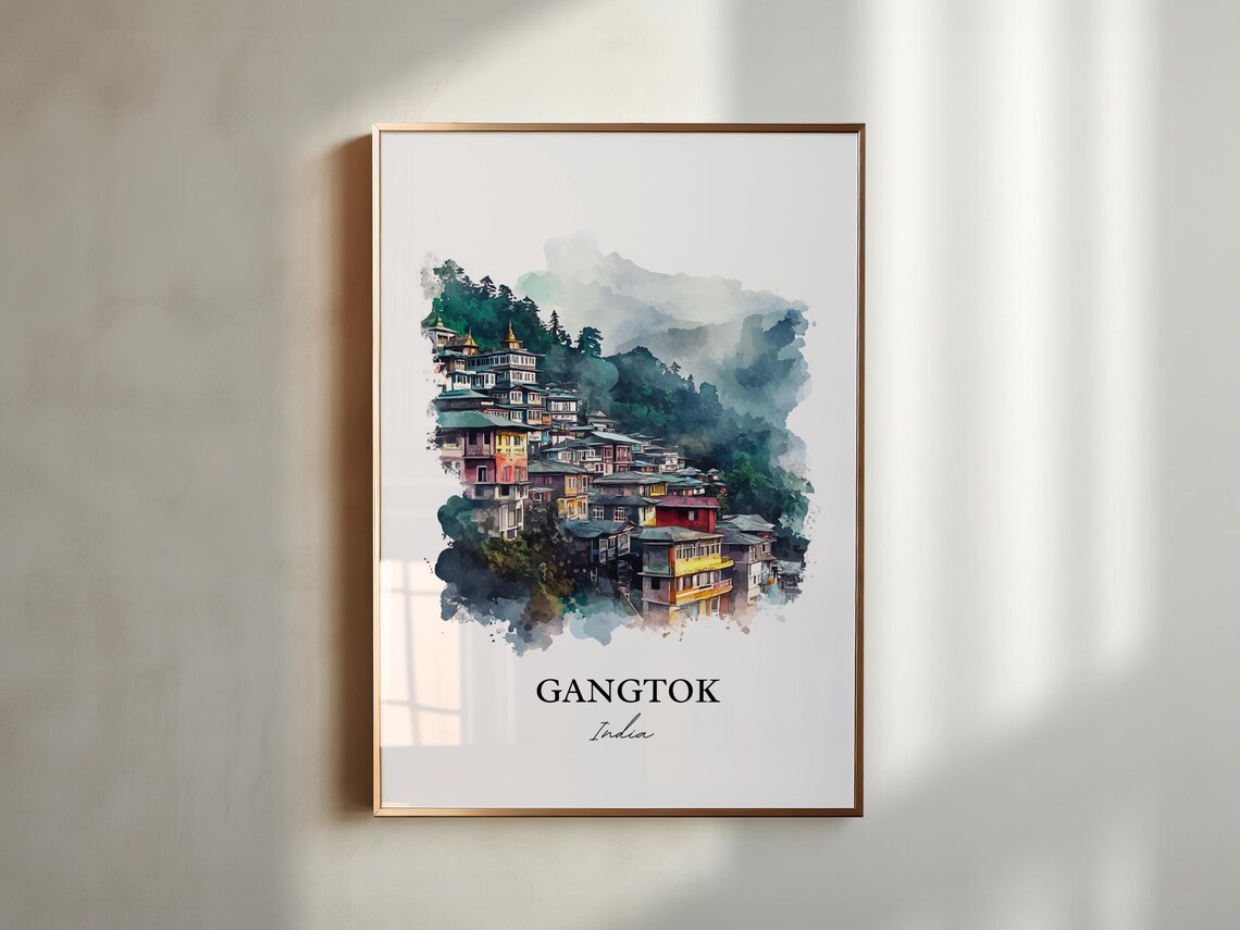 Gangtok India Watercolor Hillside Mountain Town Misty Poster - Image 6
