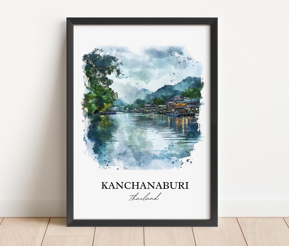 Kanchanaburi Thailand Watercolor River Houses Jungle Art Poster - Image 3