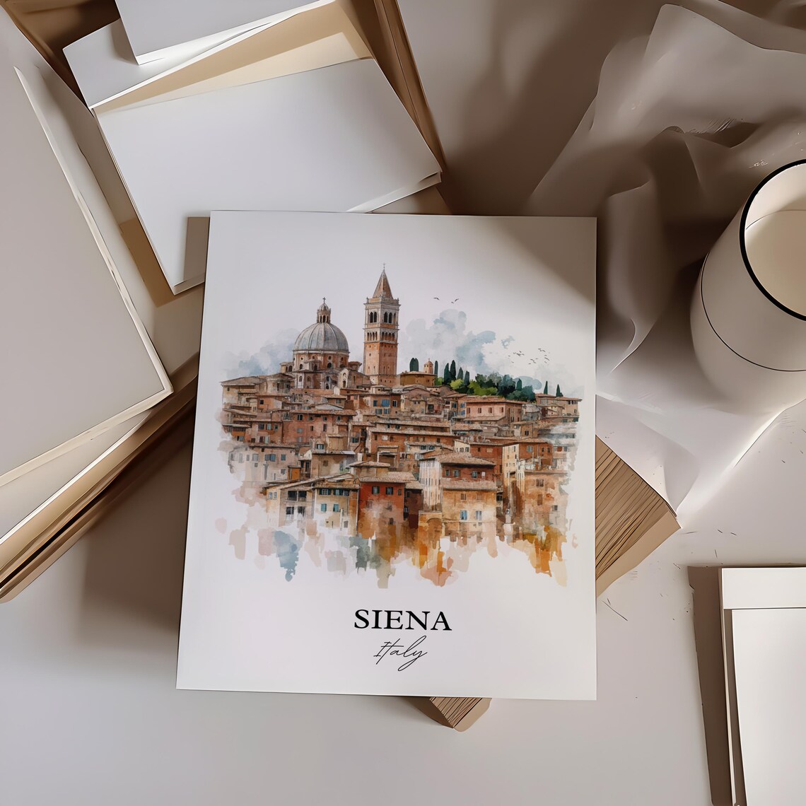 Siena Italy Watercolor Medieval Hill Town Duomo Tower Poster - Image 4