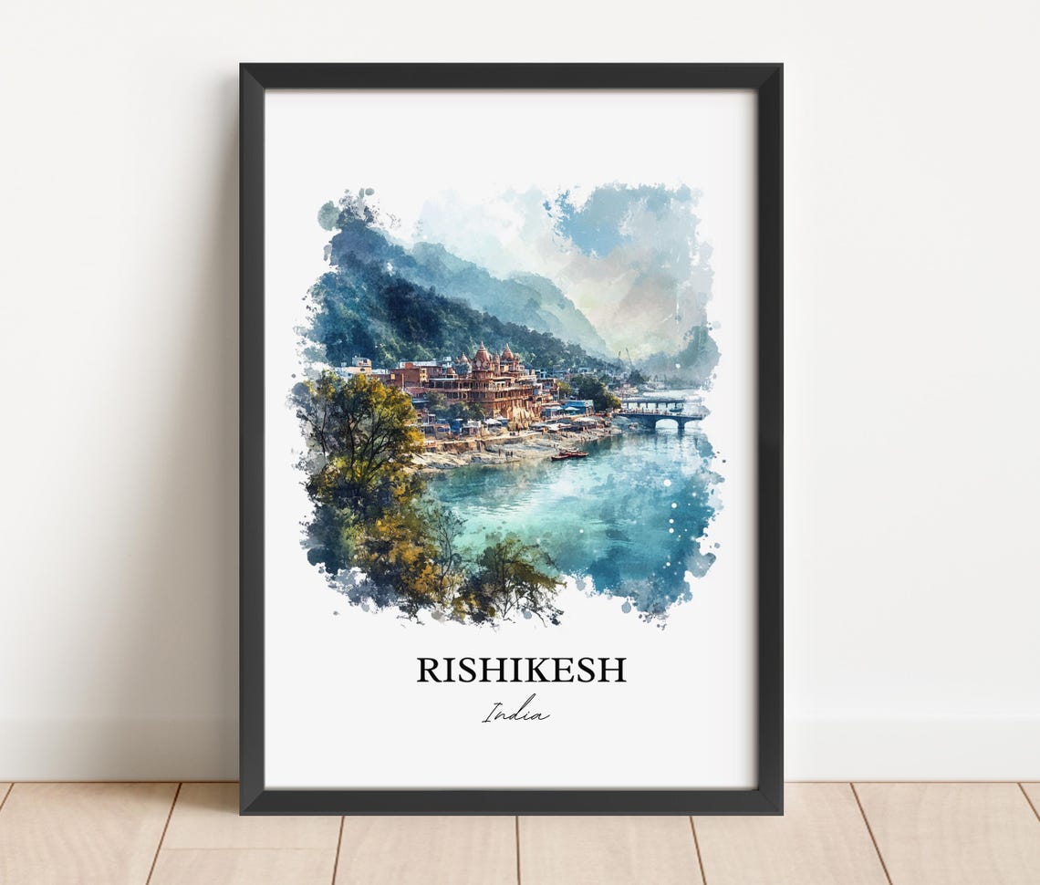 Rishikesh India Watercolor Riverside Temples Ganges River Poster - Image 5