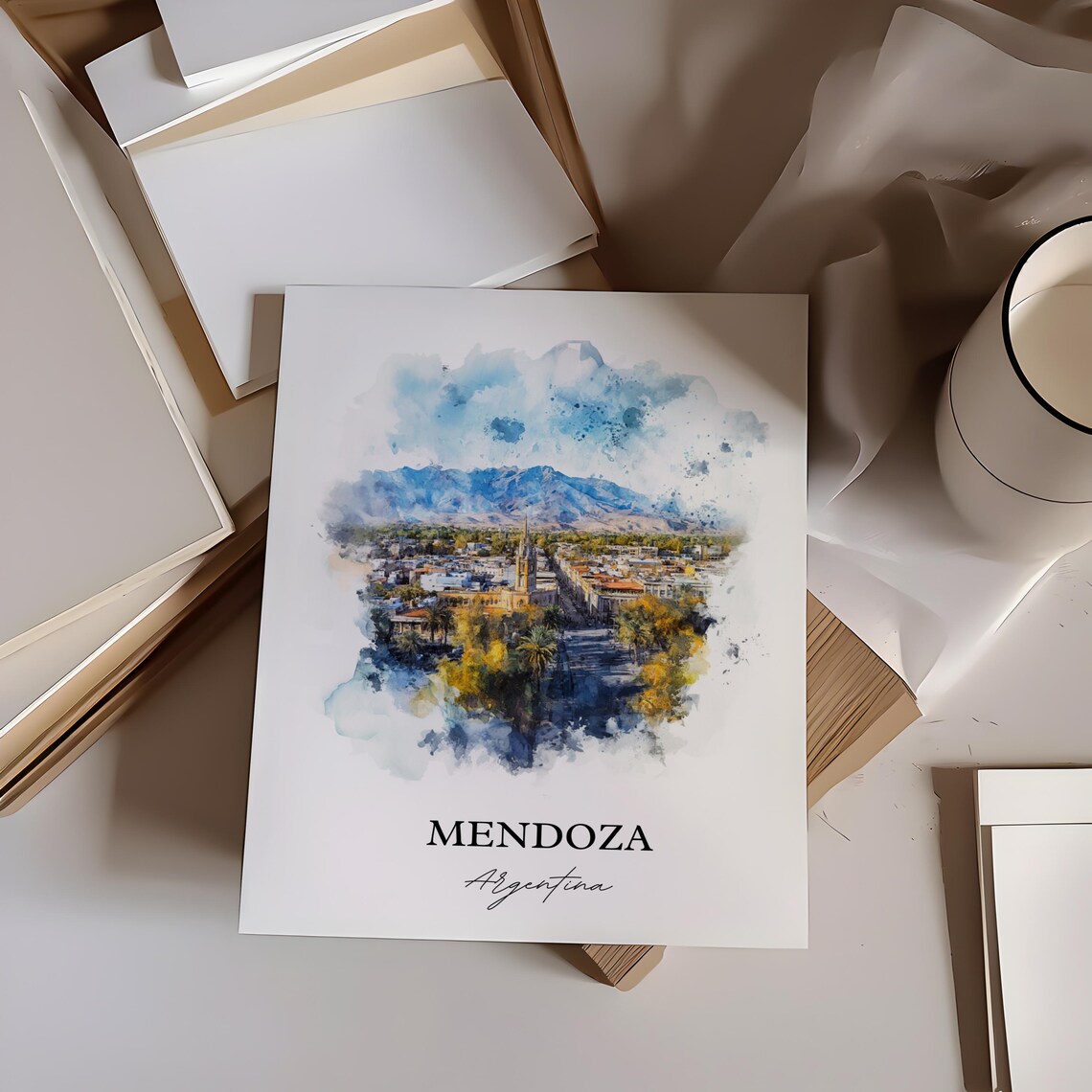 Mendoza Argentina Watercolor Tree Lined Street Mountain View Poster - Image 3