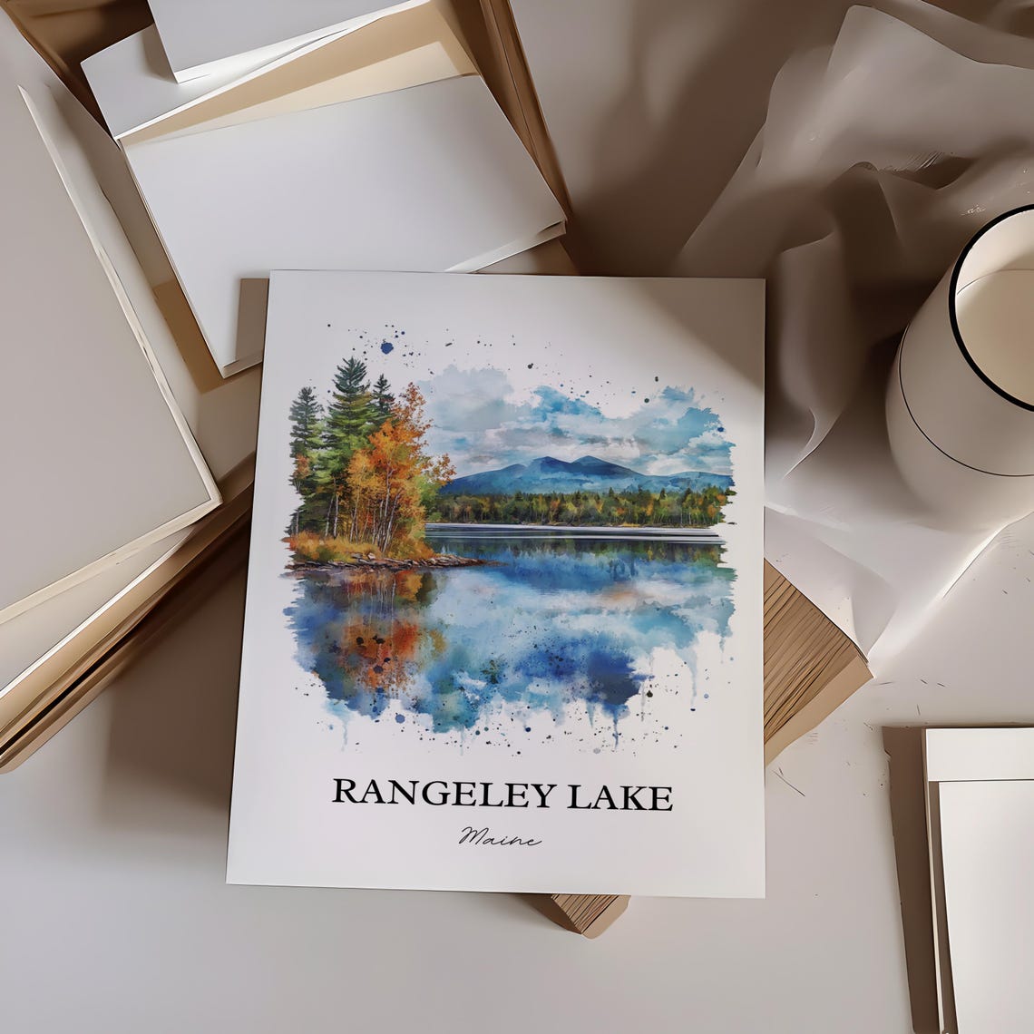 Rangeley Lake Maine Watercolor Fall Foliage Mountain Lake Poster - Image 3