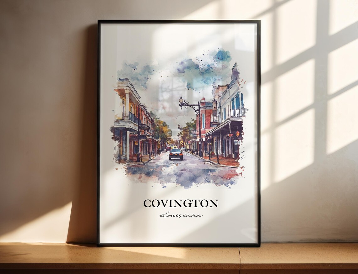 Covington Louisiana Old Town Main Street Watercolor Travel Poster