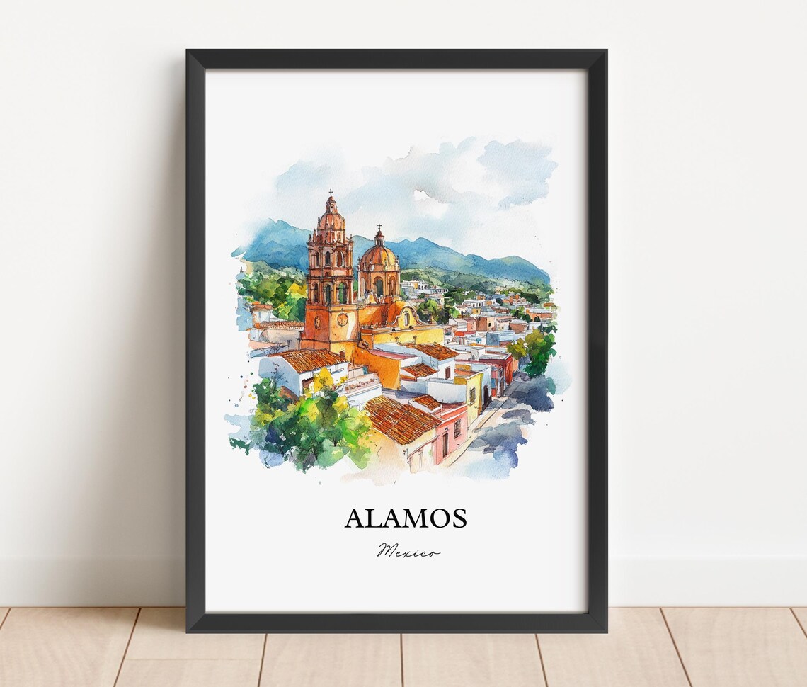 Alamos Mexico Old Town Church Towers Watercolor Travel Poster - Image 4
