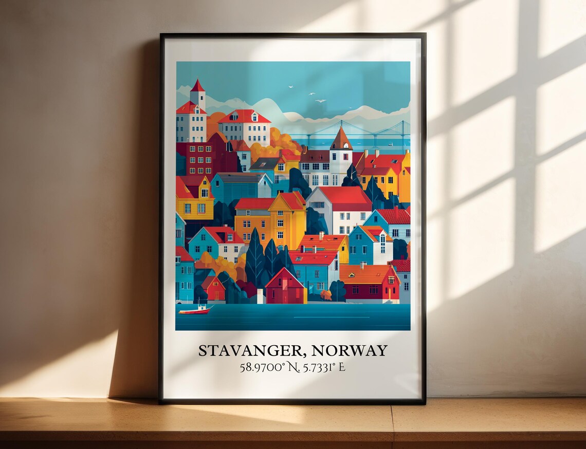 Stavanger Norway Old Town Harbor Colorful Houses Travel Poster