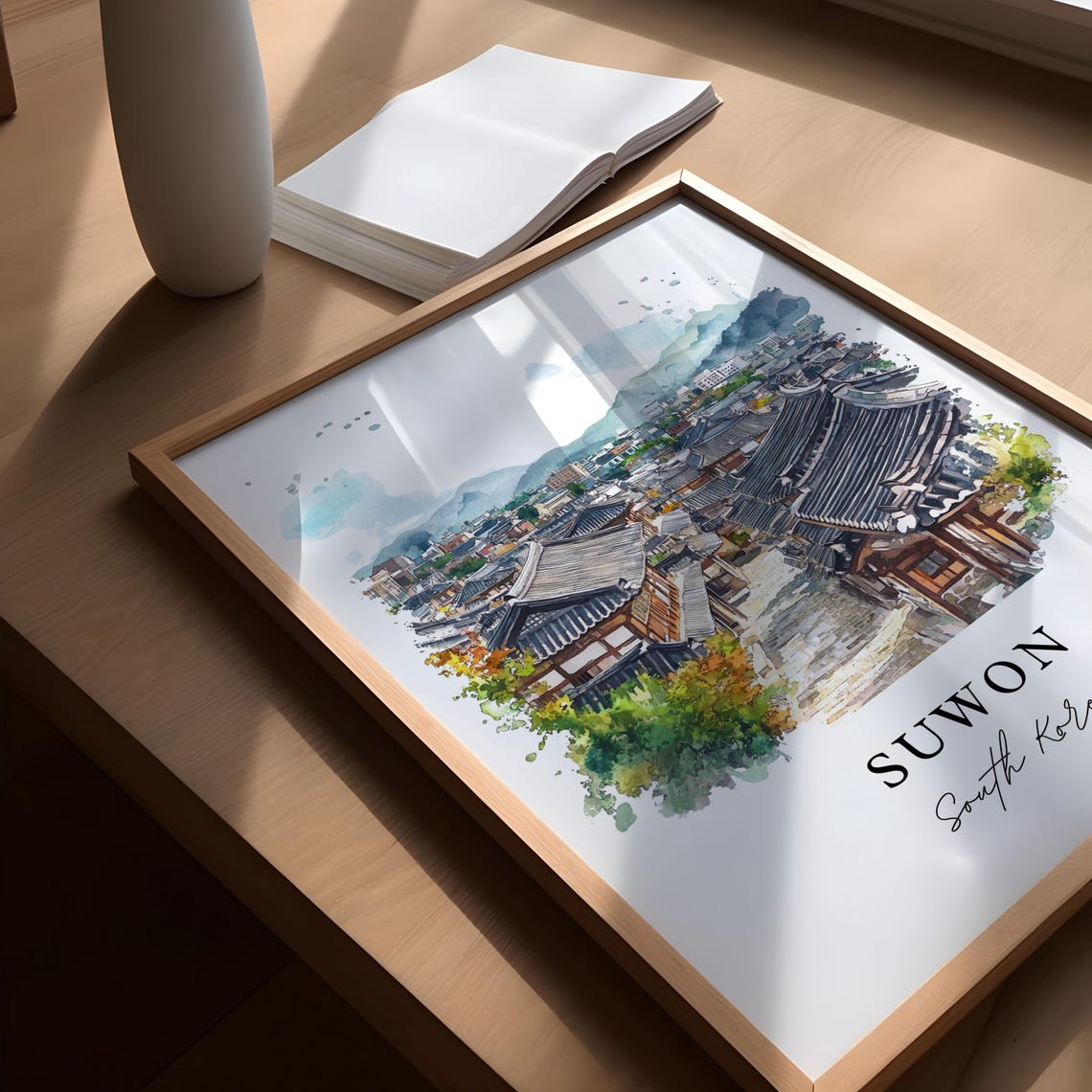 Suwon South Korea Hanok Rooftops Alley Watercolor Travel Poster - Image 4