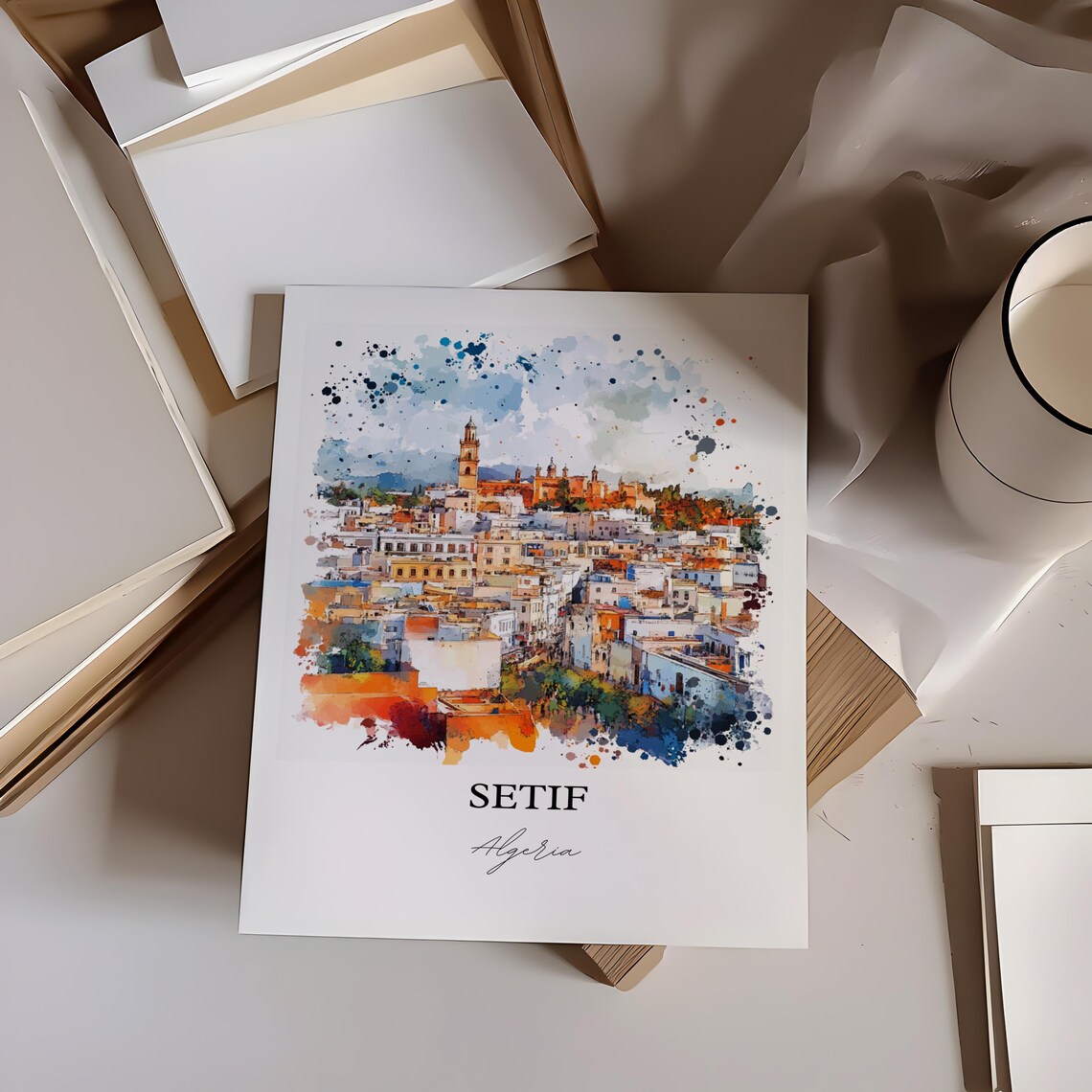 Setif Algeria Historic Old Town Tower Watercolor Cityscape Poster - Image 2