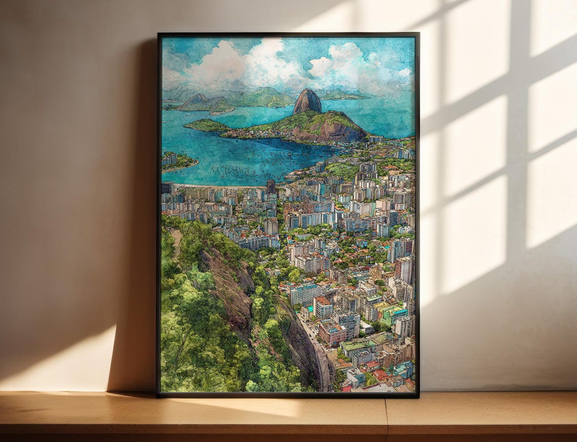Rio de Janeiro Sugarloaf Mountain Bay Watercolor Cityscape Poster
